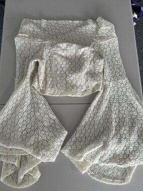 By together off shoulder cropped bell sleeve ivory lace top vintage style